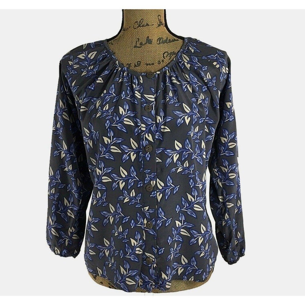 Bayla Jane Blouse SMALL Gray Ivory Blue Leaf 100% Silk Top Oversize Flowy Boho